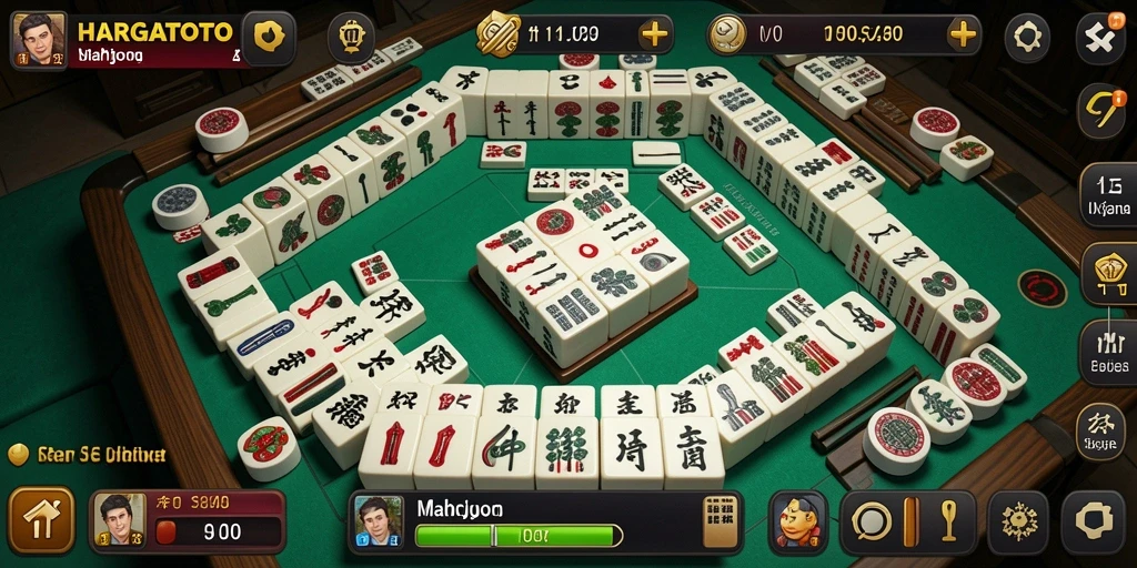 Screenshot gameplay HARGATOTO dengan ubin Mahjong yang berwarna-warni.