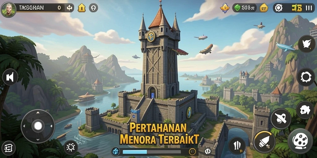 Screenshot gameplay T6 menampilkan menara dan strategi pertahanan.
